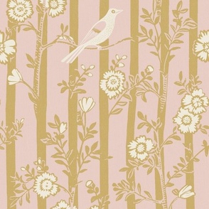 blockprint birds on stripes pink gold and cream