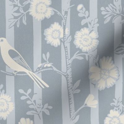 blockprint birds on stripes greyblue and cream