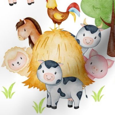 Watercolor Farm Animals Haystack Rooster Baby Nursery 