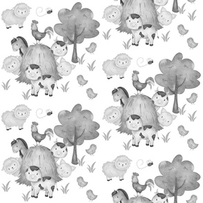 Gray Watercolor Farm Animals Haystack Rooster Baby Nursery 