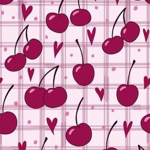 Playful ripe cherries and heart shapes on pink and white grid, cottage summer and spring