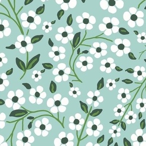 Folk Art Vining floral in mint, green & white / art deco ditsy floral