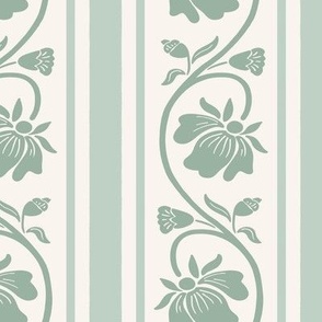 Stripes and floral chain pale soft green and light soft green on natural white