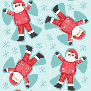 Cool modern Santa Claus making snow angels - blue, red - Christmas holiday season