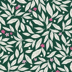 Tightly packed light leaves on dark green with bright pink flowers