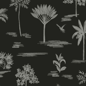 Serene handdrawn tropical land - black and off white // Big scale