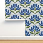 Retro Floral in Royal Blue, Green on Ivory White Geometric