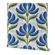 Retro Floral in Royal Blue, Green on Ivory White Geometric