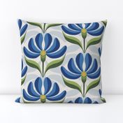 Retro Floral in Royal Blue, Green on Ivory White Geometric