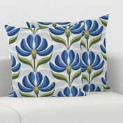 Retro Floral in Royal Blue, Green on Ivory White Geometric