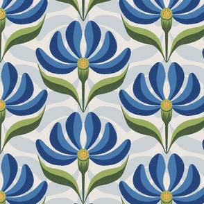 Retro Floral in Royal Blue, Green on Ivory White Geometric