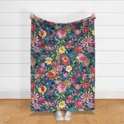 Colorful Floral Watercolor Zinnias and Cosmos Spring flowers Navy Blue Jumbo Large