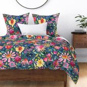 Colorful Floral Watercolor Zinnias and Cosmos Spring flowers Navy Blue Jumbo Large