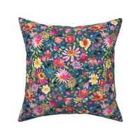 Colorful Floral Watercolor Zinnias and Cosmos Spring flowers Navy Blue Small