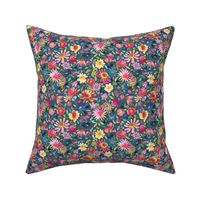 Colorful Floral Watercolor Zinnias and Cosmos Spring flowers Navy Blue Micro