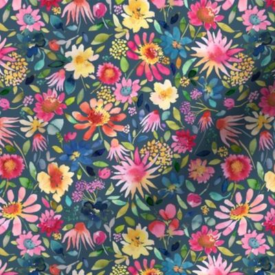 Colorful Floral Watercolor Zinnias and Cosmos Spring flowers Navy Blue Micro