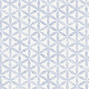 Celendine Flowers in Mineral Blue on Cream | A 'Flower of Life' tessellating, geometric pattern, rustic Moroccan tile circles and triangles in soft blue and off white.