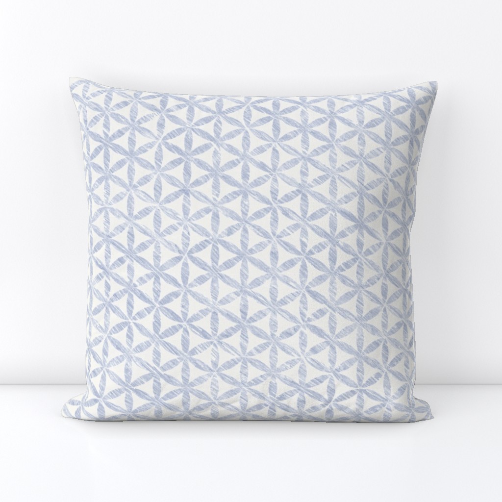 Celendine Flowers in Mineral Blue on Cream (large scale) | A 'Flower of Life' tessellating, geometric pattern, rustic Moroccan tile circles and triangles in soft blue and off white.