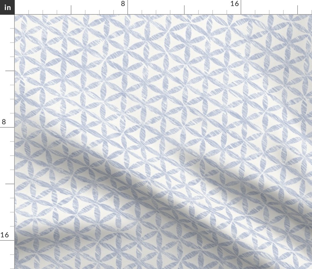 Celendine Flowers in Mineral Blue on Cream (large scale) | A 'Flower of Life' tessellating, geometric pattern, rustic Moroccan tile circles and triangles in soft blue and off white.
