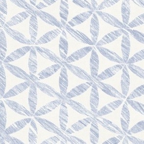 Celendine Flowers in Mineral Blue on Cream (xl scale) | A 'Flower of Life' tessellating, geometric pattern, rustic Moroccan tile circles and triangles in soft blue and off white.