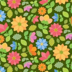 Bright Spring Flowers on Deep Forest Green