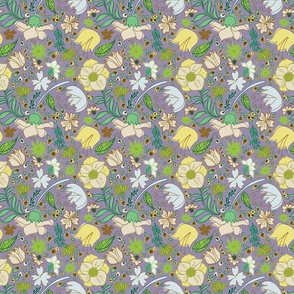 flowers and leaves with cream, green, yellow and purple