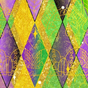 Jester's Delight in Purple, Green, and Gold -- Mardi Gras Textured Heart Harlequin -- Heart Design over Purple, Green, and Glitter Gold Mardi Gras Harlequin Diamonds -- Mardi Gras Diamonds -- 33.96in x 28.25in repeat -- 150dpi (Full Scale) -- LARGE scale