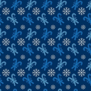 Deep Blue and White Peppermint Candy Cane Stick with Snowflakes Vector Seamless Pattern 