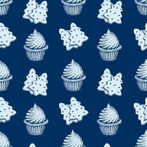 Deep Blue and White Muffin Biscuits Sketch Sweet Cookies, Pine Tree Cookies Cake Vector Seamless Pattern