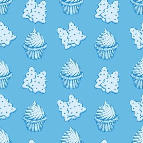Bright Blue and White Muffin Biscuits Sketch Sweet Cookies, Pine Tree Cookies Cake