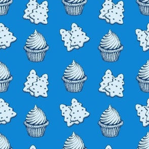 Classic Blue and White Muffin Biscuits Sketch Sweet Cookies, Pine Tree Cookies Cake