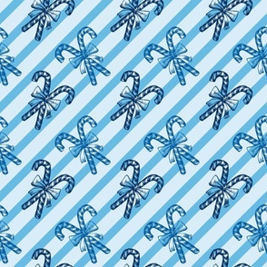 Light Blue and White Peppermint Candy Cane Stick with Bow, Striped Diagonal Lines 