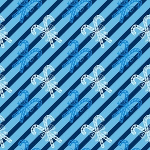 Blue and White Peppermint Candy Cane Stick with Bow, Striped Diagonal Lines Vector Pattern