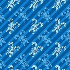 Blue and White Peppermint Candy Cane Stick with Bow, Striped Diagonal Lines 