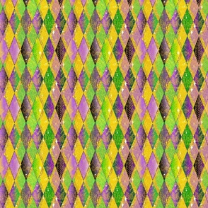 Tiny 1" Jester's Delight in Purple, Green, and Gold -- Mardi Gras Textured Heart Harlequin -- Heart Design over Purple, Green, and Glitter Gold Mardi Gras Harlequin Diamonds -- Mardi Gras Diamonds -- 5.99in x 4.99in repeat -- 850dpi (18% of Full Scale) 