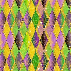 Jester's Delight in Purple, Green, and Gold -- Mardi Gras Textured Heart Harlequin -- Heart Design over Purple, Green, and Glitter Gold Mardi Gras Harlequin Diamonds -- Mardi Gras Diamonds -- 33.96in x 28.25in repeat -- 150dpi (Full Scale) -- LARGE scale