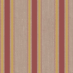 Ticking Stripe (Medium) - Marsala Red and Sauterne Ocher Yellow on Almondine Tan   (TBS211)