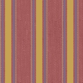 Ticking Stripe (Medium) - Sauterne Ocher Yellow, Grapeade Purple and Almondine Tan on Marsala Red   (TBS211)