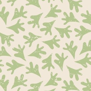 Green Leaves Tossed in Non Directional Pattern on Cream with Faux Texture Medium Scale