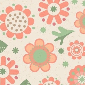 Whimsical Pantone Color of the Year Peach Fuzz Flowers and Leaves Tossed on Cream with Faux Texture Large Scale