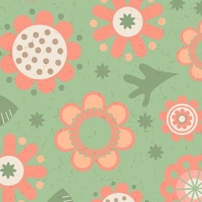 Whimsical Pantone Color of the Year Peach Fuzz Flowers and Leaves Tossed on Soft Green with Faux Texture Large  Scale
