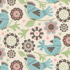 Scandi Birds and Flowers in Blue with Faux Texture Medium Scale