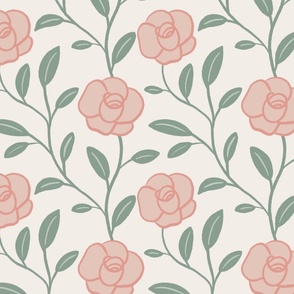 Hand Drawn Rose Vine in Pink, Green and Cream - Large Scale