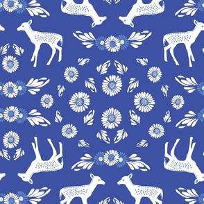 Scandinavian folk art Otomi pattern with fawns and flowers in dutch blue