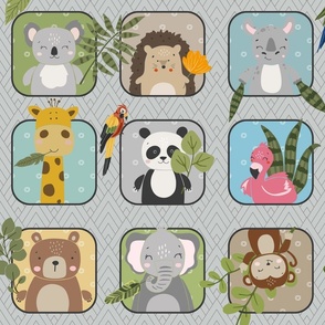Wild Animals Kids Quilt – Safari and Woodland Animal Bedding Baby Blanket (pattern C/ light gray)