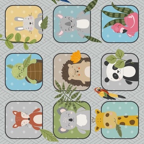 Wild Animals Kids Quilt – Safari and Woodland Animal Bedding Baby Blanket (pattern C/ light gray) ROTATED