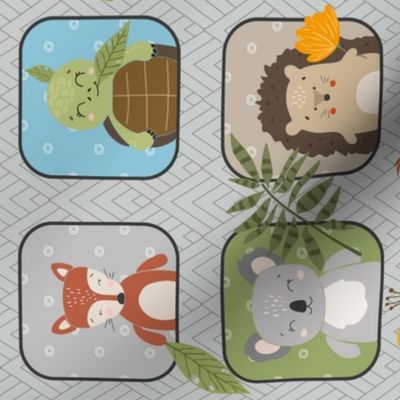 Wild Animals Kids Quilt – Safari and Woodland Animal Bedding Baby Blanket (pattern C/ light gray) smaller ROTATED