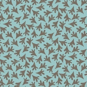 Taupe Brown  Leaves Tossed in Non Directional Pattern on Blue with Faux Texture Small Scale