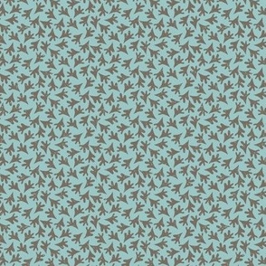 Taupe Brown  Leaves Tossed in Non Directional Pattern on Blue with Faux Texture Extra Small Scale