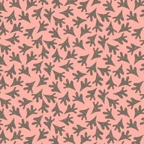 Taupe Brown  Leaves Tossed in Non Directional Pattern on Coral with Faux Texture Small Scale